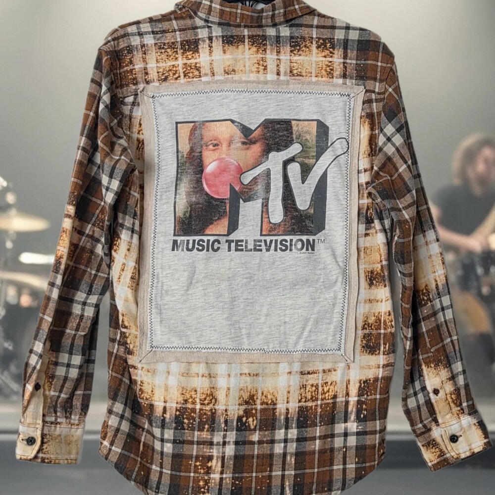 Upcycled MTV with MONA LISA BUBBLE GUM distressed plaid flannel shirt